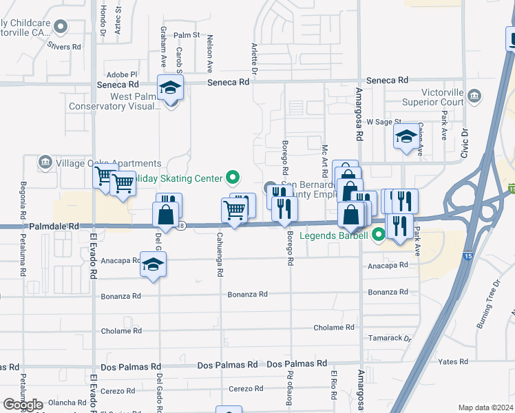 map of restaurants, bars, coffee shops, grocery stores, and more near Palmdale Road in Victorville