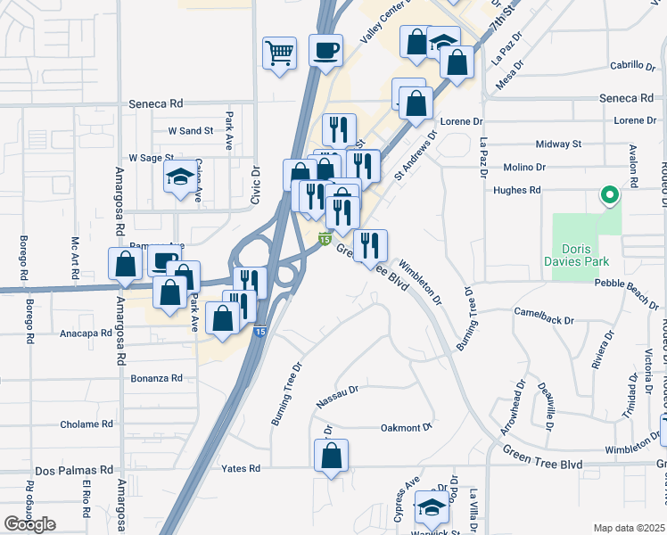 map of restaurants, bars, coffee shops, grocery stores, and more near 14173 Green Tree Boulevard in Victorville