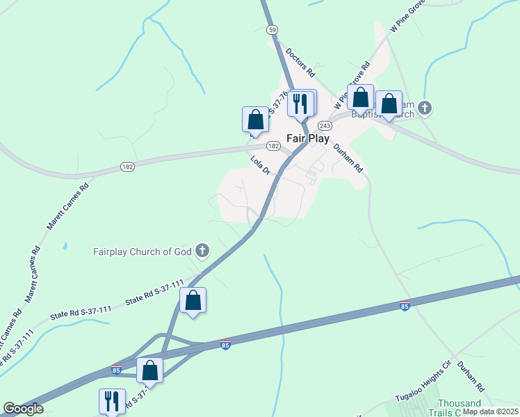 map of restaurants, bars, coffee shops, grocery stores, and more near 407 West Fairplay Boulevard in Fair Play