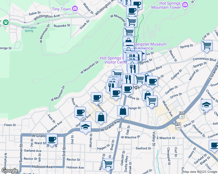 map of restaurants, bars, coffee shops, grocery stores, and more near 128 Hickory Street in Hot Springs