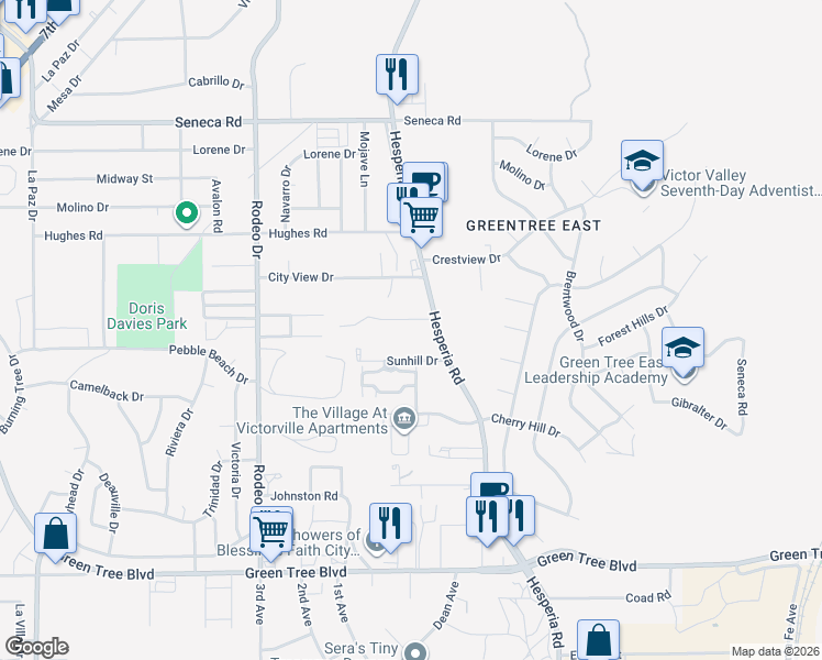 map of restaurants, bars, coffee shops, grocery stores, and more near 16817 Batson Road in Victorville