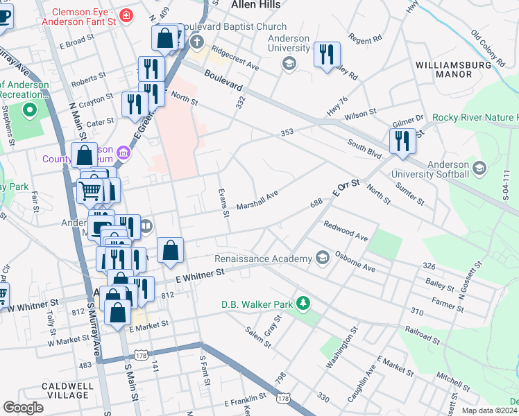map of restaurants, bars, coffee shops, grocery stores, and more near 700 Marshall Avenue in Anderson