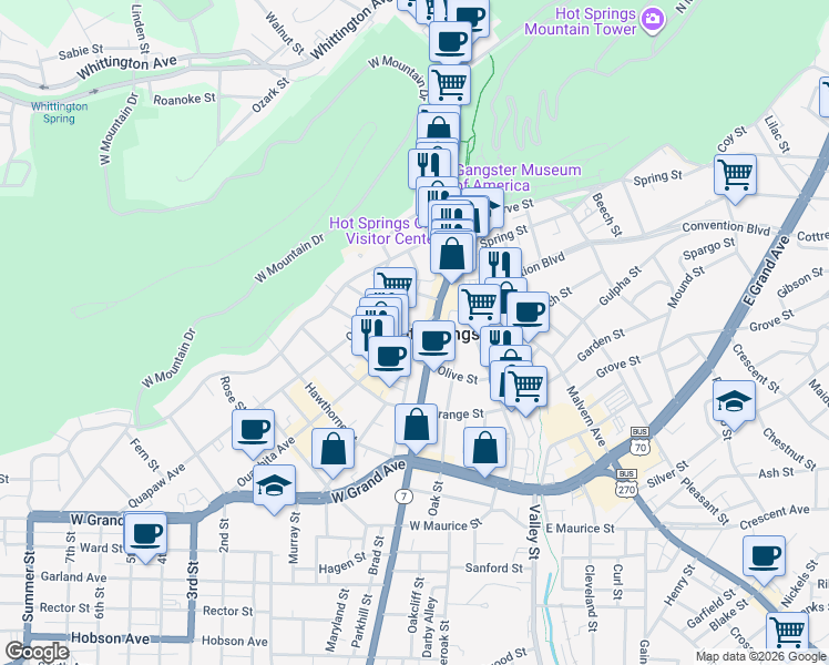 map of restaurants, bars, coffee shops, grocery stores, and more near 214 Ouachita Avenue in Hot Springs