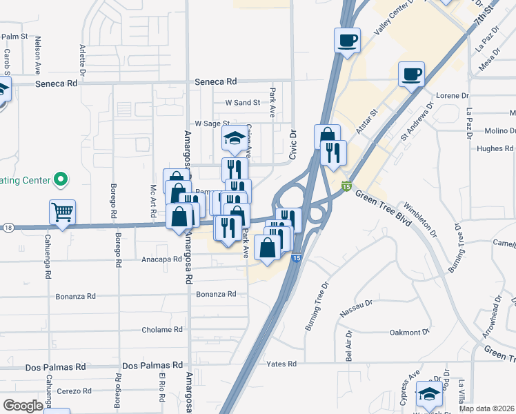 map of restaurants, bars, coffee shops, grocery stores, and more near 15494 Palmdale Road in Victorville
