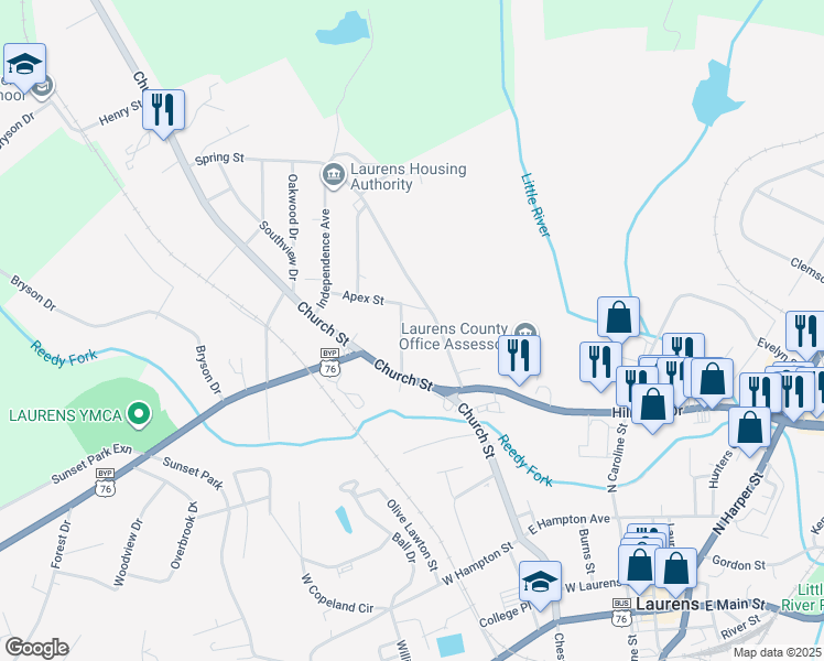 map of restaurants, bars, coffee shops, grocery stores, and more near 110 High Street in Laurens