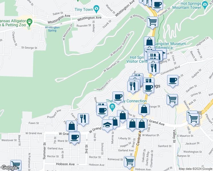 map of restaurants, bars, coffee shops, grocery stores, and more near 502 Prospect Avenue in Hot Springs