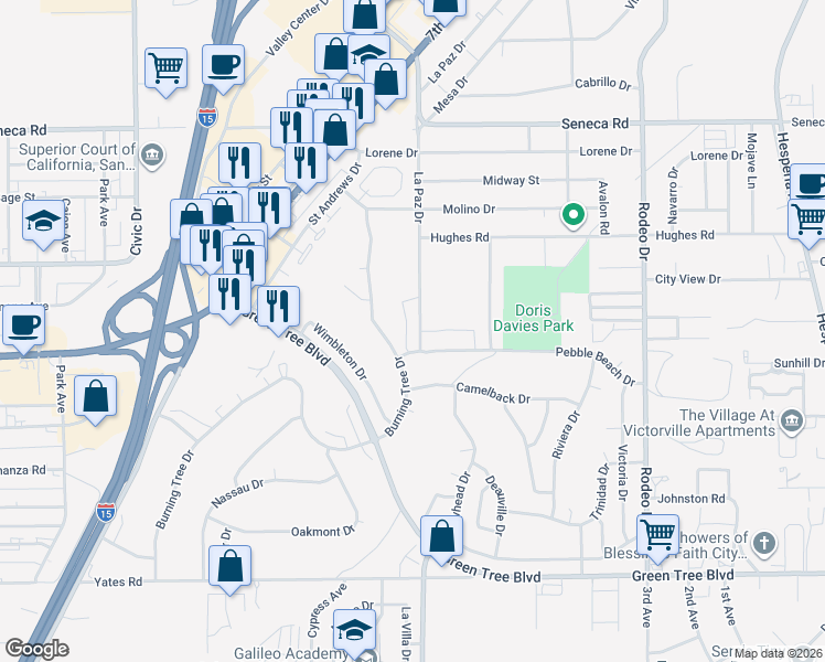 map of restaurants, bars, coffee shops, grocery stores, and more near 14136 La Paz Drive in Victorville