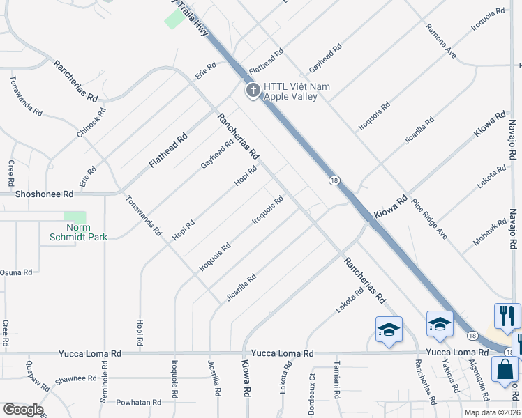 map of restaurants, bars, coffee shops, grocery stores, and more near 14090 Iroquois Road in Apple Valley