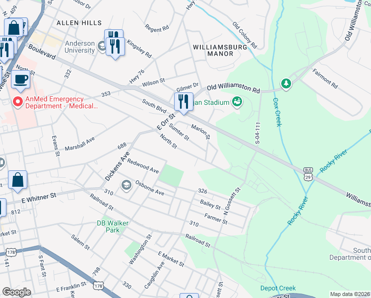 map of restaurants, bars, coffee shops, grocery stores, and more near 96 North Street in Anderson