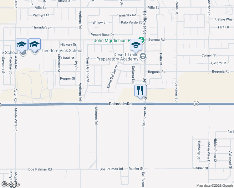 map of restaurants, bars, coffee shops, grocery stores, and more near 14163 Purple Canyon Road in Adelanto