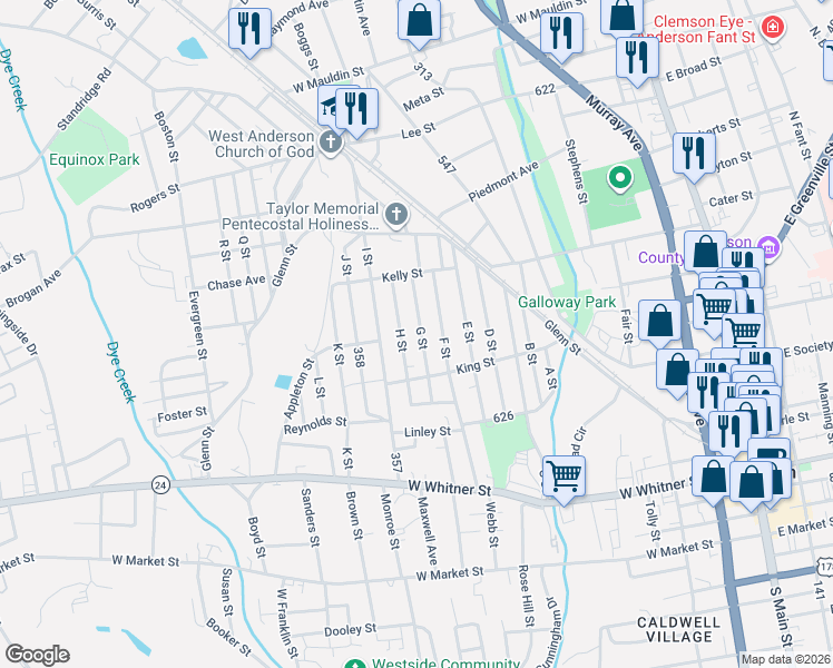 map of restaurants, bars, coffee shops, grocery stores, and more near 310 H Street in Anderson