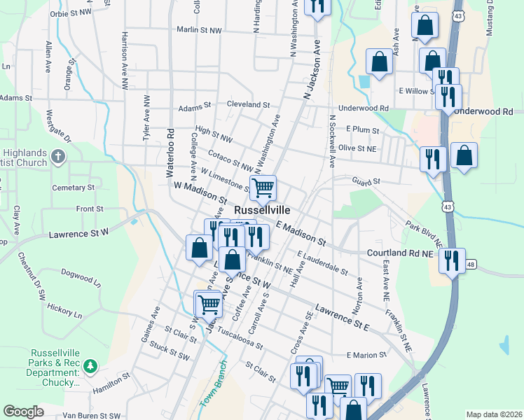 map of restaurants, bars, coffee shops, grocery stores, and more near in Russellville