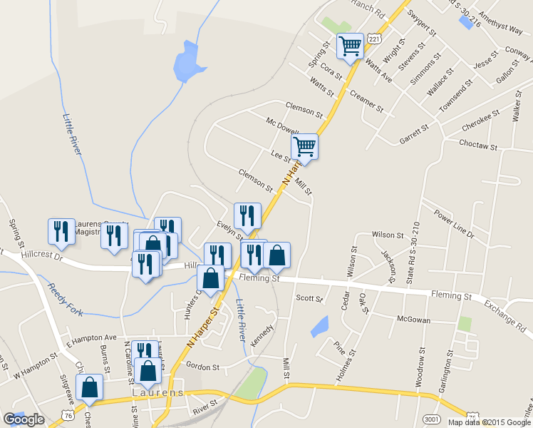 map of restaurants, bars, coffee shops, grocery stores, and more near 649 U.S. 221 in Laurens
