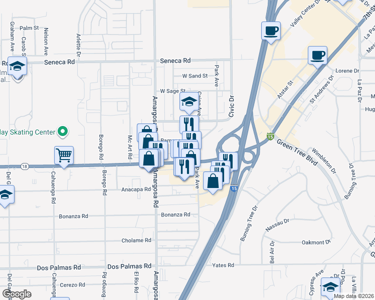map of restaurants, bars, coffee shops, grocery stores, and more near Kentwood Boulevard in Victorville