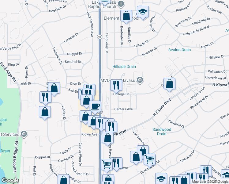 map of restaurants, bars, coffee shops, grocery stores, and more near 2001 College Drive in Lake Havasu City