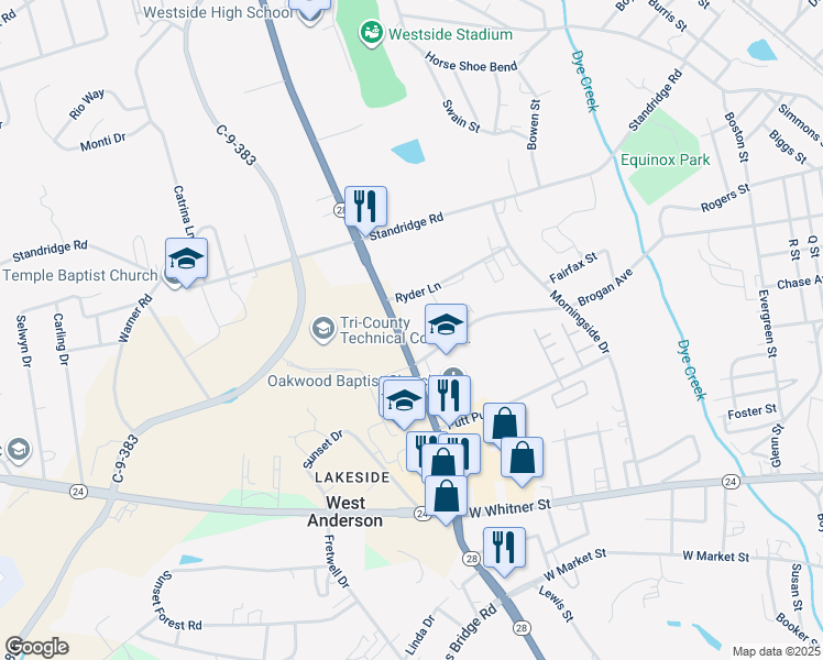 map of restaurants, bars, coffee shops, grocery stores, and more near 308 Pearman Dairy Road in Anderson