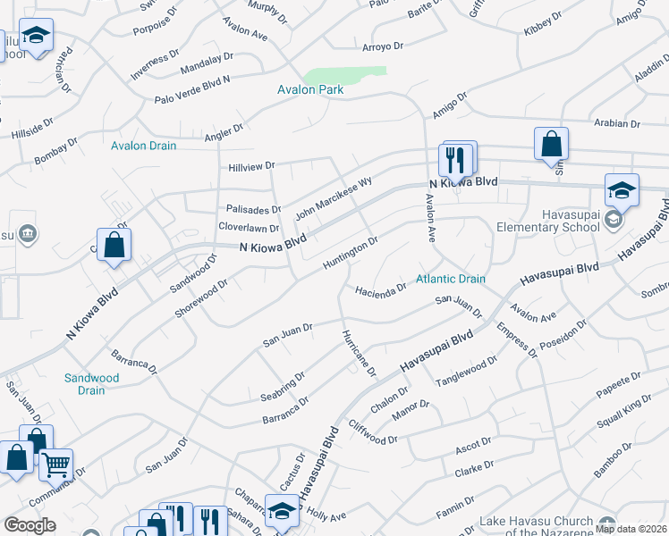 map of restaurants, bars, coffee shops, grocery stores, and more near 1048 Hurricane Drive in Lake Havasu City