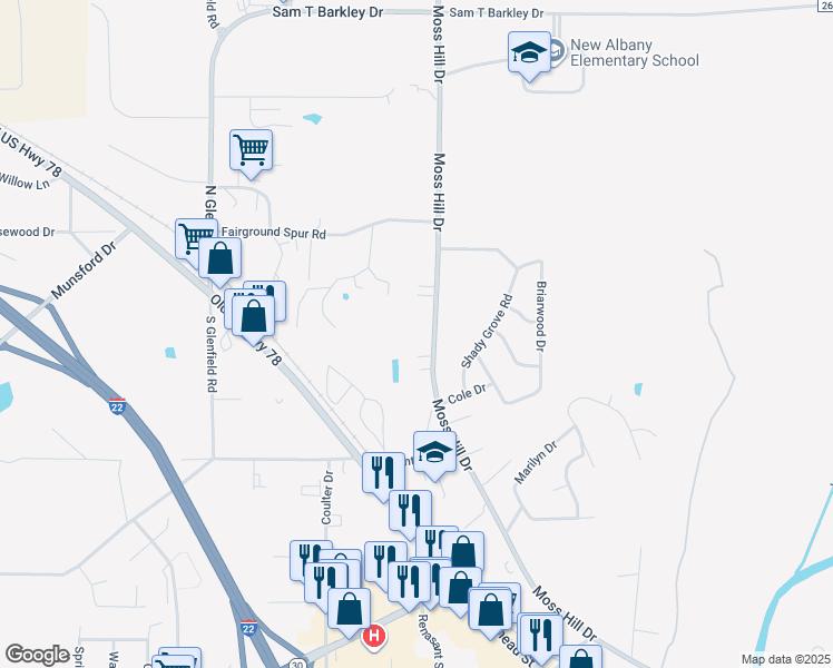 map of restaurants, bars, coffee shops, grocery stores, and more near 845 Moss Hill Drive in New Albany