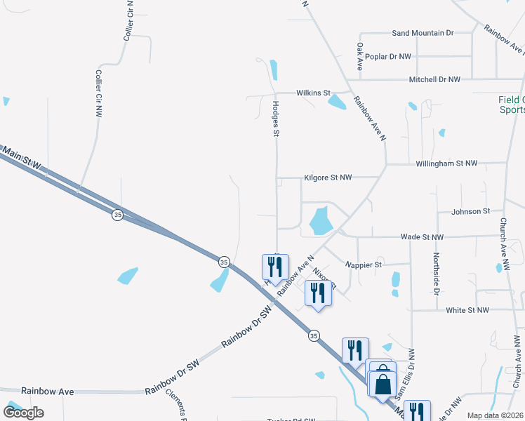 map of restaurants, bars, coffee shops, grocery stores, and more near 98 Meadows Drive in Rainsville