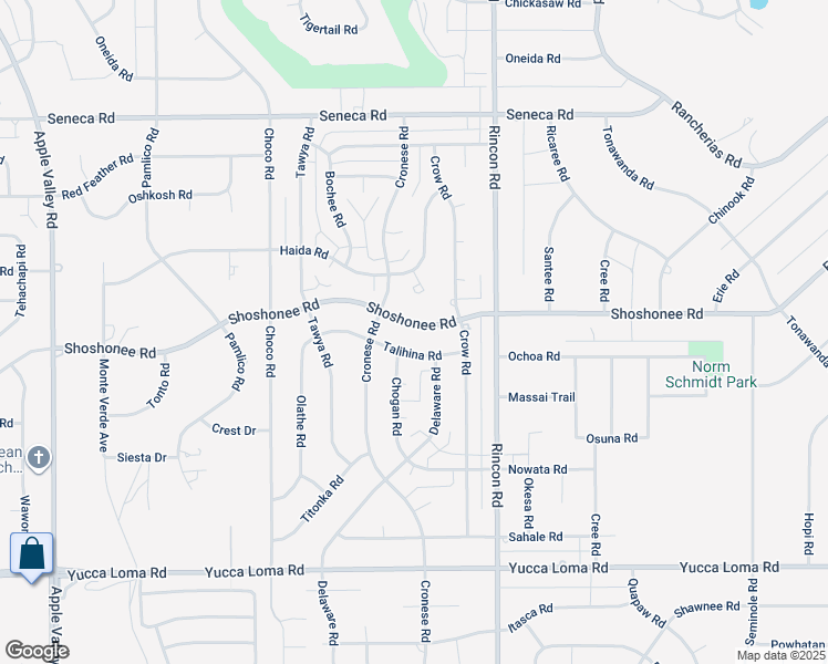 map of restaurants, bars, coffee shops, grocery stores, and more near 19955 Shoshonee Road in Apple Valley
