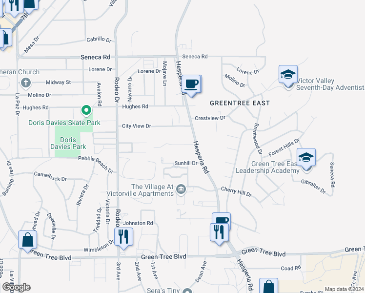 map of restaurants, bars, coffee shops, grocery stores, and more near 16817 Batson Road in Victorville