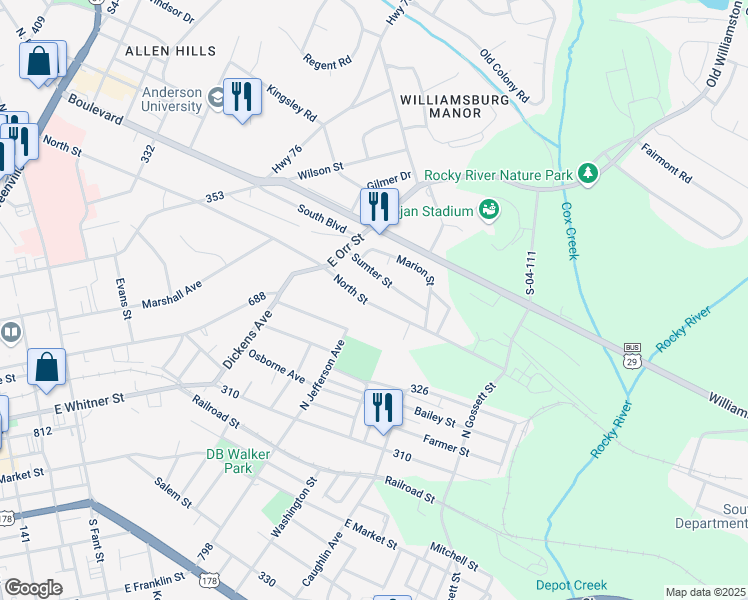 map of restaurants, bars, coffee shops, grocery stores, and more near 108 North Street in Anderson