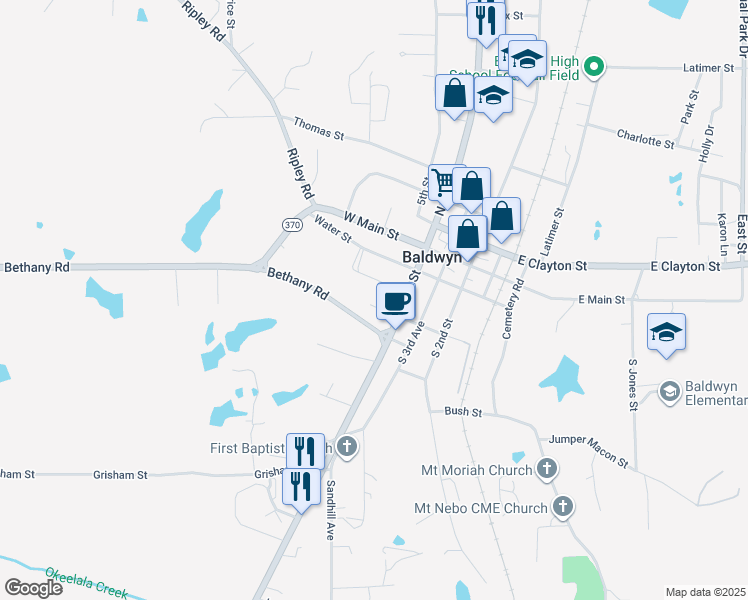 map of restaurants, bars, coffee shops, grocery stores, and more near 319 West Lee Street in Baldwyn
