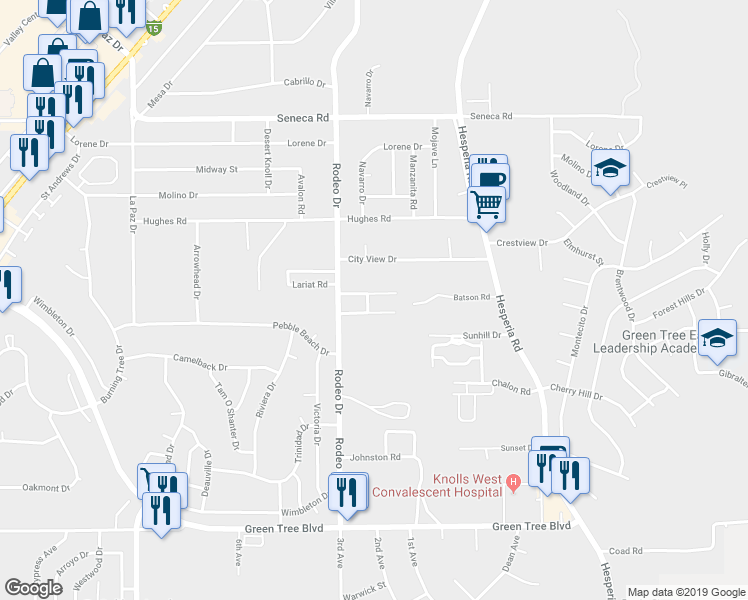map of restaurants, bars, coffee shops, grocery stores, and more near 16569 Lariat Road in Victorville