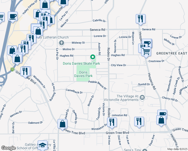 map of restaurants, bars, coffee shops, grocery stores, and more near 16350 Pebble Beach Drive in Victorville