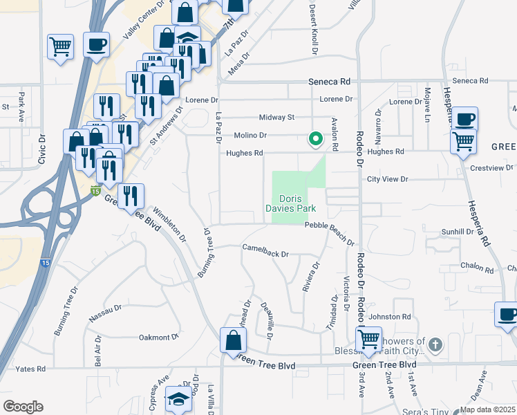 map of restaurants, bars, coffee shops, grocery stores, and more near 14148 Arrowhead Drive in Victorville