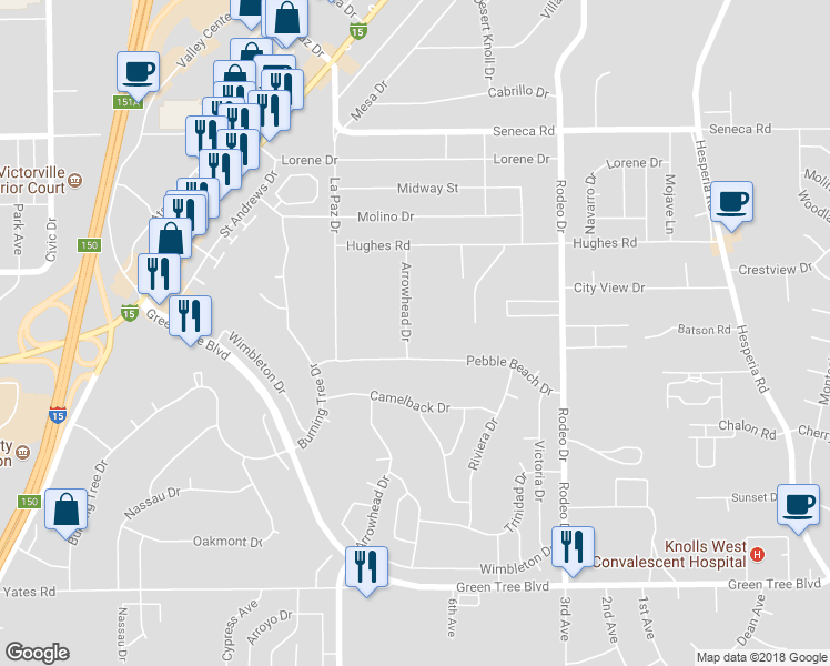 map of restaurants, bars, coffee shops, grocery stores, and more near 14147 Arrowhead Drive in Victorville