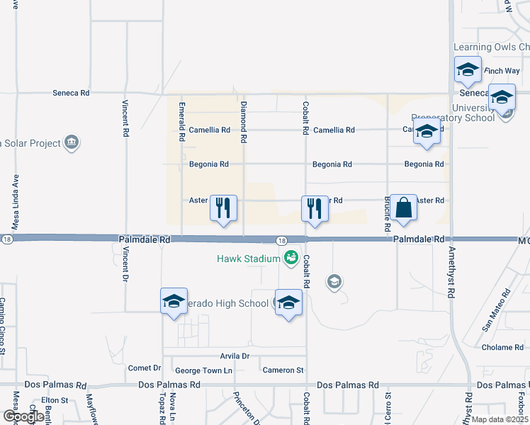 map of restaurants, bars, coffee shops, grocery stores, and more near 13185 Aster Road in Victorville