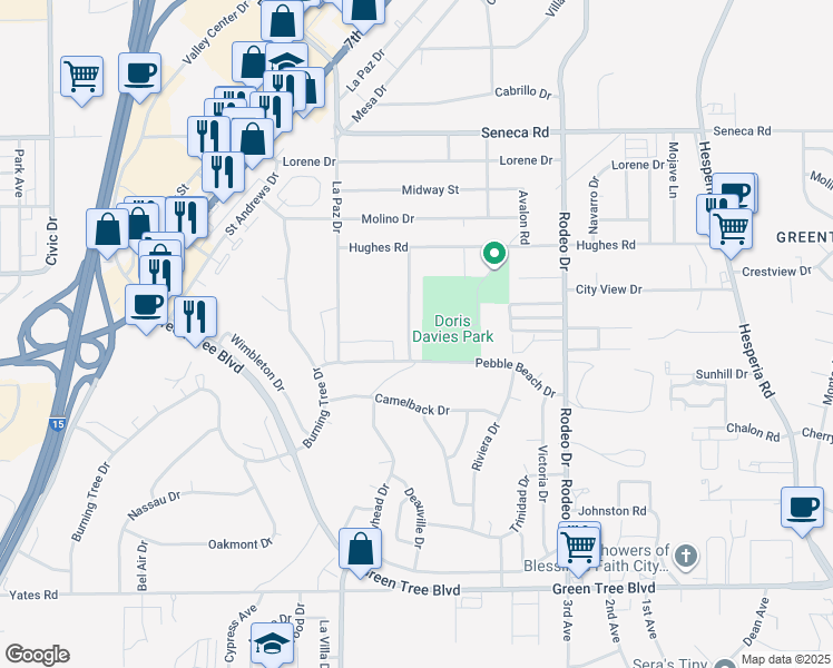 map of restaurants, bars, coffee shops, grocery stores, and more near 14147 Arrowhead Drive in Victorville