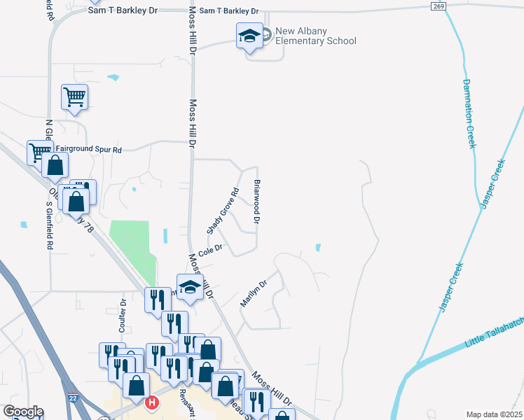 map of restaurants, bars, coffee shops, grocery stores, and more near 501-599 Briarwood Drive in New Albany