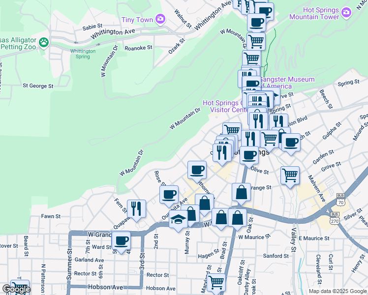 map of restaurants, bars, coffee shops, grocery stores, and more near 469 Prospect Avenue in Hot Springs