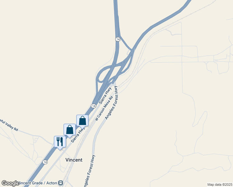 map of restaurants, bars, coffee shops, grocery stores, and more near 2 East Carson Mesa Road in Palmdale