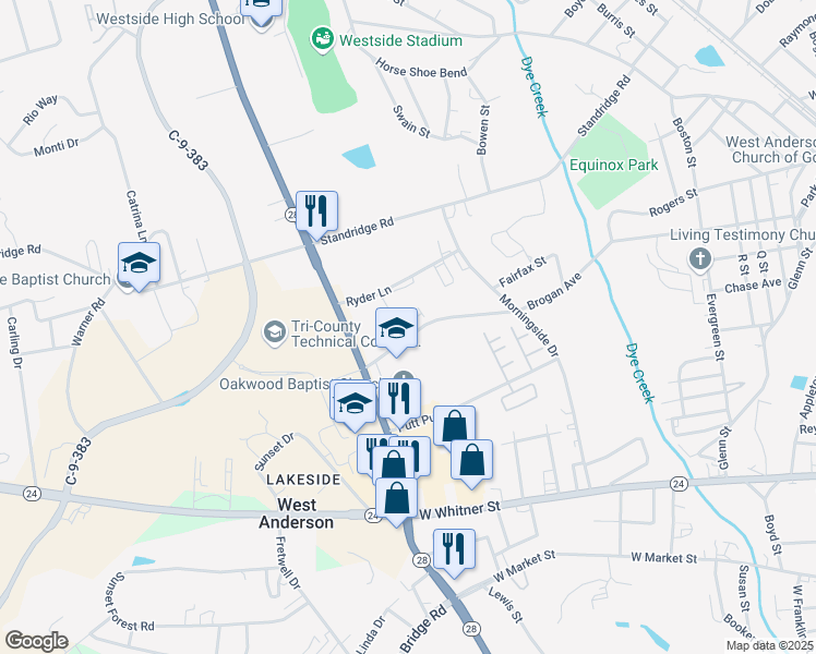 map of restaurants, bars, coffee shops, grocery stores, and more near 121 Reaves Place in Anderson