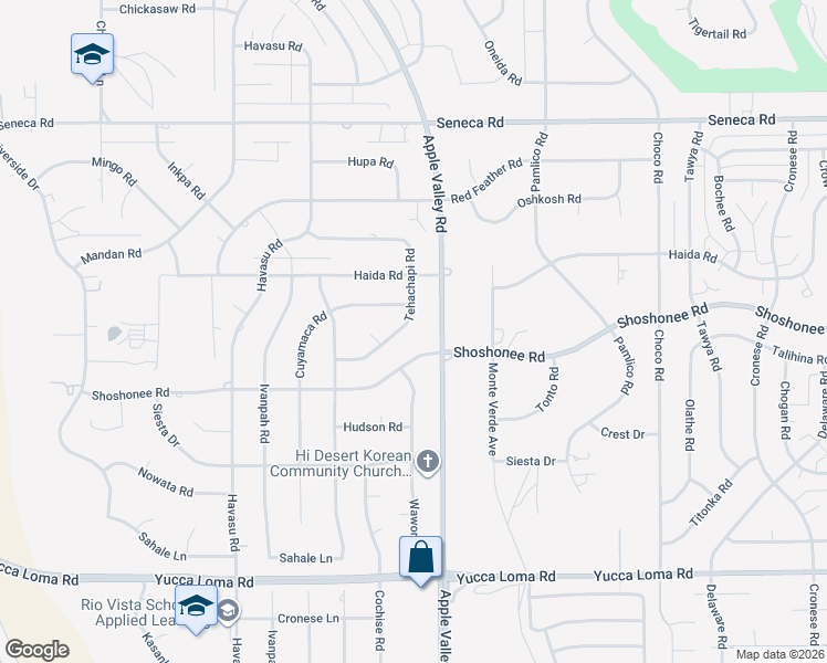 map of restaurants, bars, coffee shops, grocery stores, and more near 19282 Shoshonee Road in Apple Valley