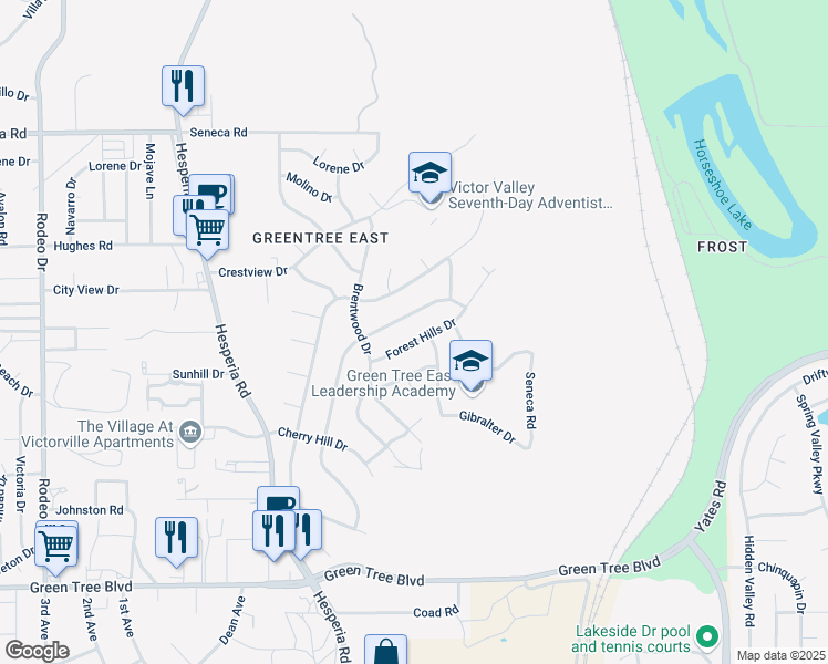 map of restaurants, bars, coffee shops, grocery stores, and more near 17161 Forest Hills Drive in Victorville