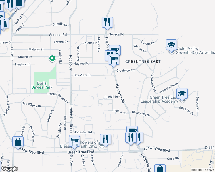 map of restaurants, bars, coffee shops, grocery stores, and more near 16753 Batson Road in Victorville