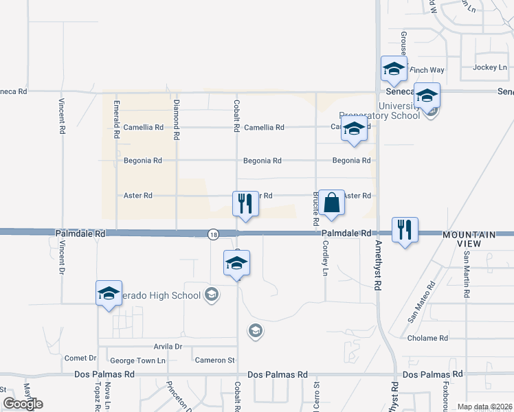 map of restaurants, bars, coffee shops, grocery stores, and more near 13330 Palmdale Road in Victorville