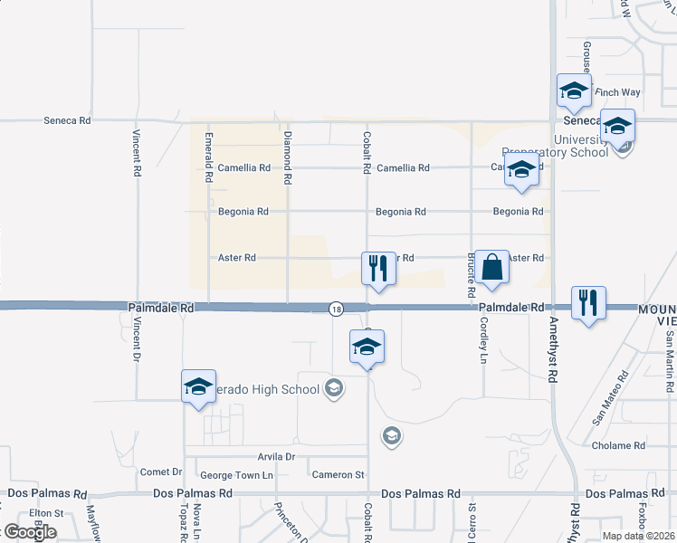 map of restaurants, bars, coffee shops, grocery stores, and more near 13237 Aster Road in Victorville