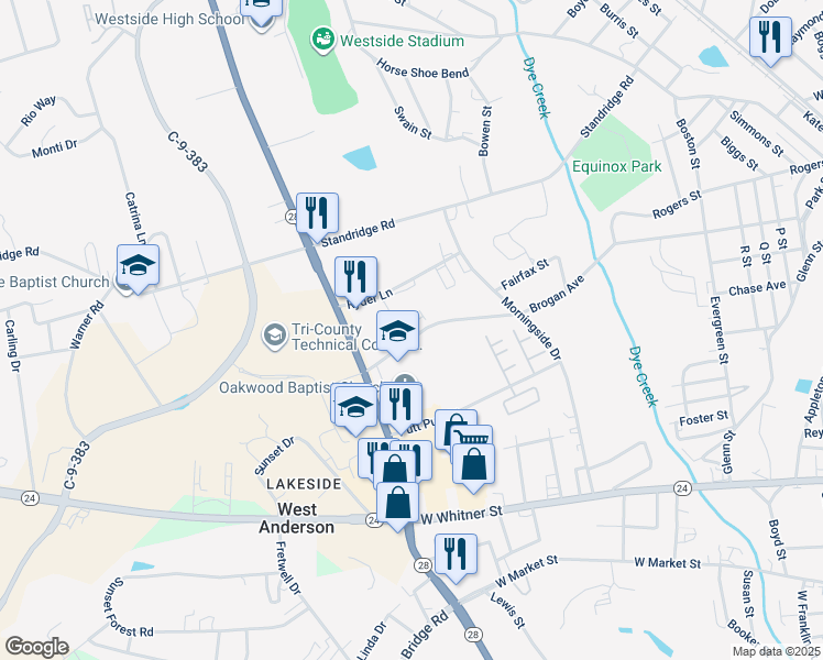 map of restaurants, bars, coffee shops, grocery stores, and more near 141 Reaves Place in Anderson