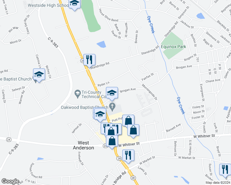 map of restaurants, bars, coffee shops, grocery stores, and more near 139 Reaves Place in Anderson