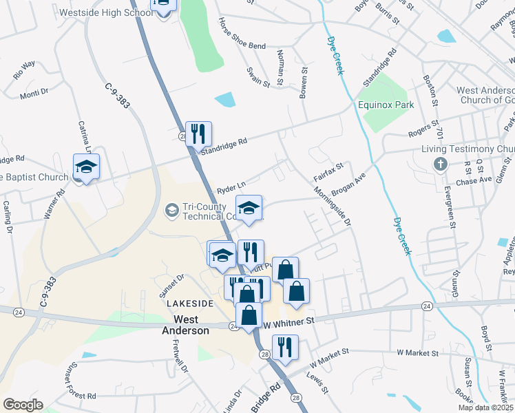 map of restaurants, bars, coffee shops, grocery stores, and more near 151 Reaves Place in Anderson