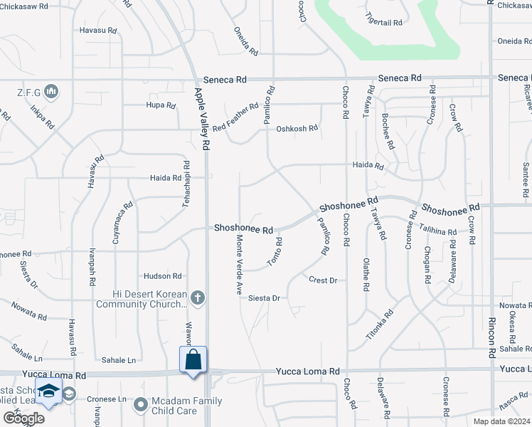 map of restaurants, bars, coffee shops, grocery stores, and more near 19446 Shoshonee Road in Apple Valley