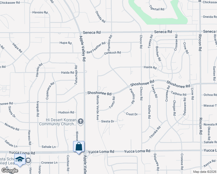 map of restaurants, bars, coffee shops, grocery stores, and more near 19446 Shoshonee Road in Apple Valley