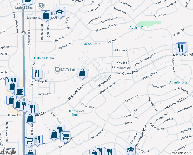 map of restaurants, bars, coffee shops, grocery stores, and more near 2215 Sandwood Drive in Lake Havasu City