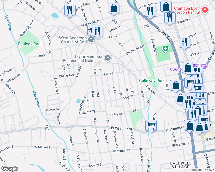 map of restaurants, bars, coffee shops, grocery stores, and more near 317 H Street in Anderson