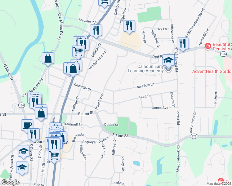 map of restaurants, bars, coffee shops, grocery stores, and more near 105 Buena Vista Drive in Calhoun